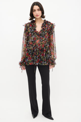 Dolce 
Gabbana Black 
Multi Floral Tie Ruffle Blouse