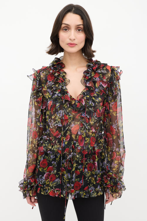 Dolce 
Gabbana Black 
Multi Floral Tie Ruffle Blouse