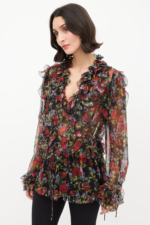 Dolce 
Gabbana Black 
Multi Floral Tie Ruffle Blouse