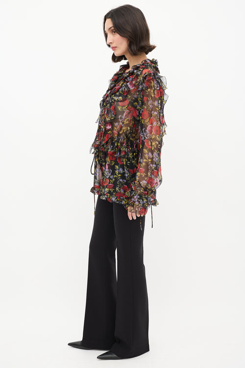 Dolce 
Gabbana Black 
Multi Floral Tie Ruffle Blouse