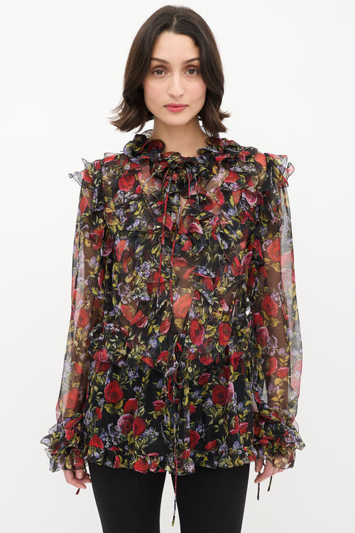 Dolce 
Gabbana Black 
Multi Floral Tie Ruffle Blouse