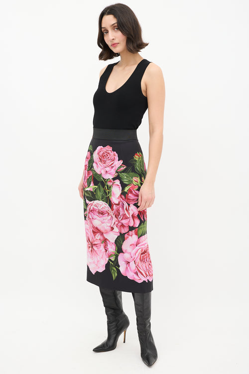 Dolce 
Gabbana Black 
Multi Satin Floral Midi Skirt