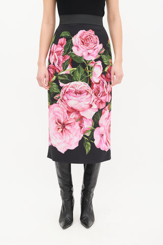 Dolce 
Gabbana Black 
Multi Satin Floral Midi Skirt