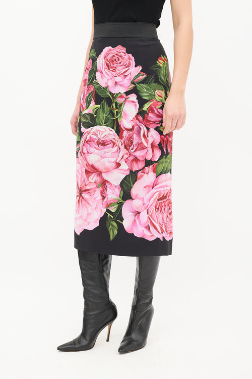 Dolce 
Gabbana Black 
Multi Satin Floral Midi Skirt