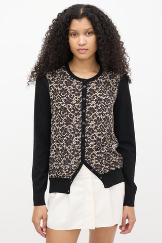 Dolce 
Gabbana Black Wool 
Beige Silk Lace Print Cardigan