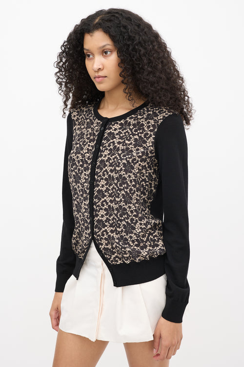 Dolce 
Gabbana Black Wool 
Beige Silk Lace Print Cardigan