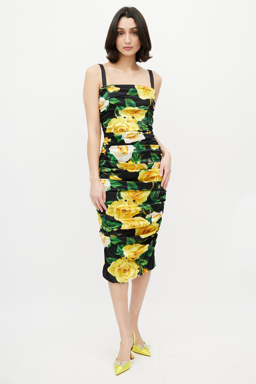 Dolce 
Gabbana Black 
Yellow Silk Floral Ruched Dress