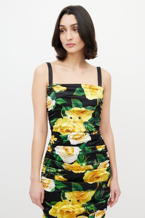 Dolce 
Gabbana Black 
Yellow Silk Floral Ruched Dress