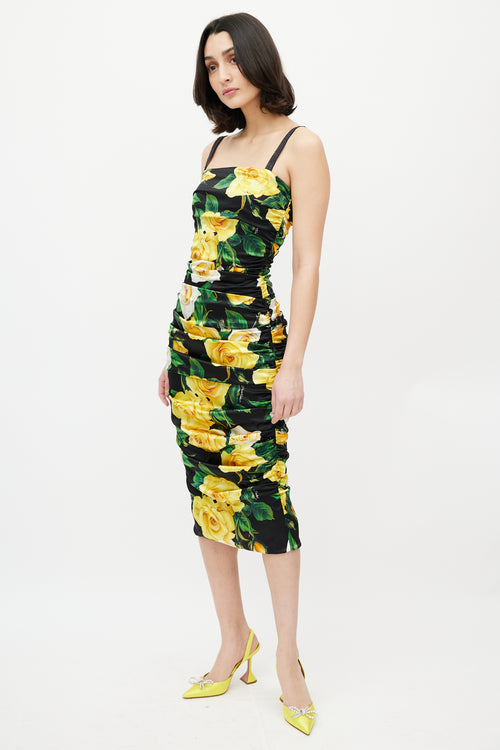 Dolce 
Gabbana Black 
Yellow Silk Floral Ruched Dress