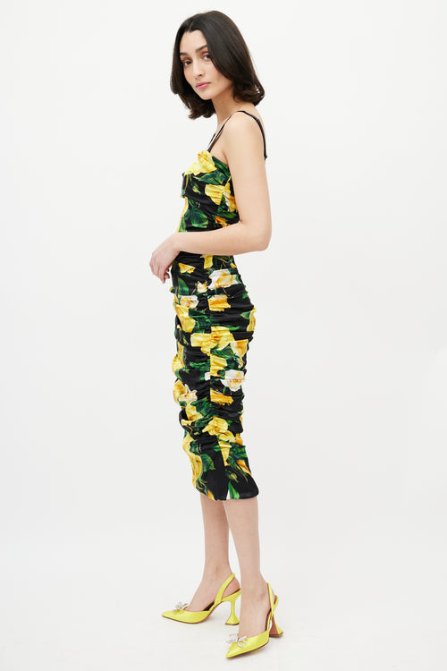 Dolce 
Gabbana Black 
Yellow Silk Floral Ruched Dress