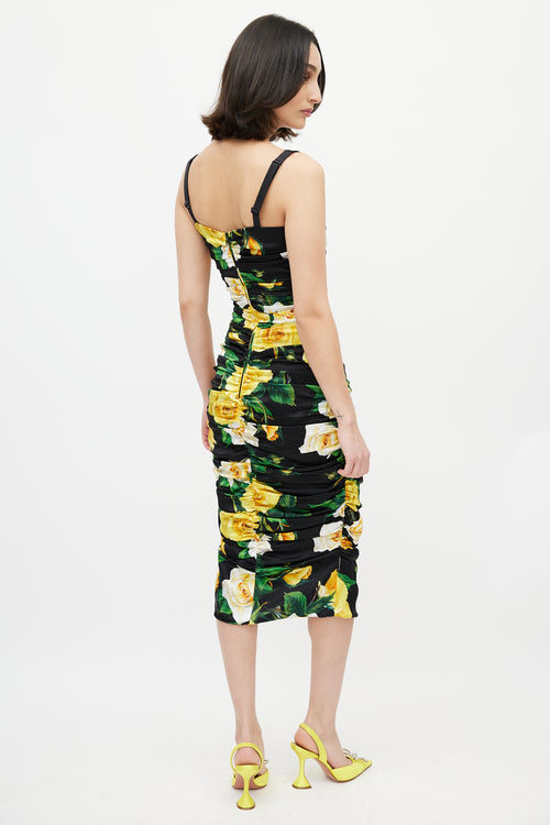 Dolce 
Gabbana Black 
Yellow Silk Floral Ruched Dress