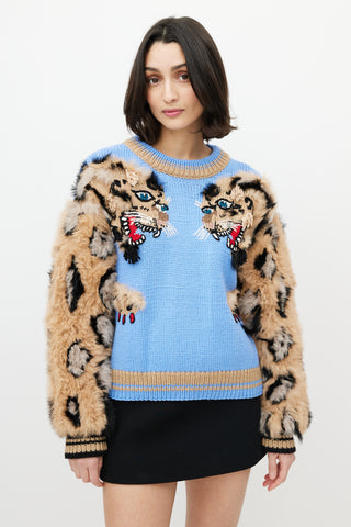 Dolce 
Gabbana Blue 
Brown Wool Fuzzy Print Sweater