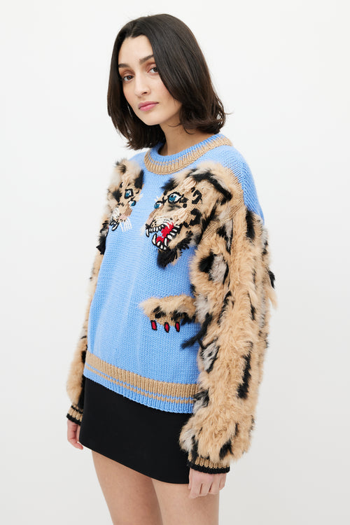 Dolce 
Gabbana Blue 
Brown Wool Fuzzy Print Sweater