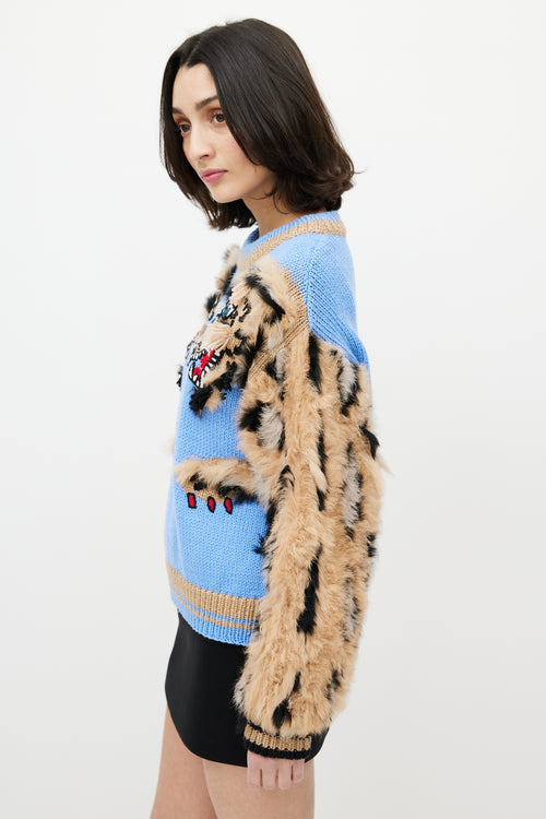 Dolce 
Gabbana Blue 
Brown Wool Fuzzy Print Sweater