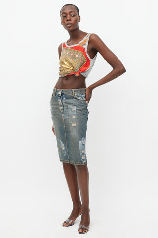 Dolce 
Gabbana Blue Denim Wash Distressed Paint Skirt