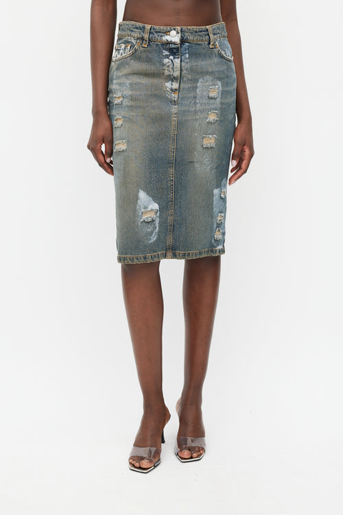 Dolce 
Gabbana Blue Denim Wash Distressed Paint Skirt