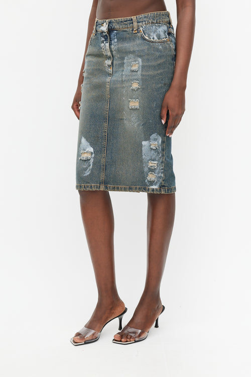 Dolce 
Gabbana Blue Denim Wash Distressed Paint Skirt