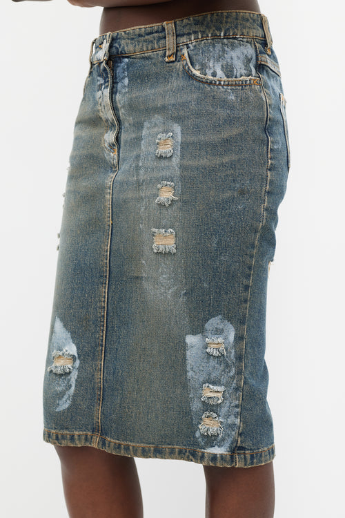 Dolce 
Gabbana Blue Denim Wash Distressed Paint Skirt