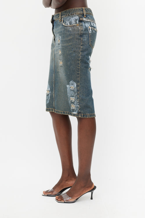 Dolce 
Gabbana Blue Denim Wash Distressed Paint Skirt