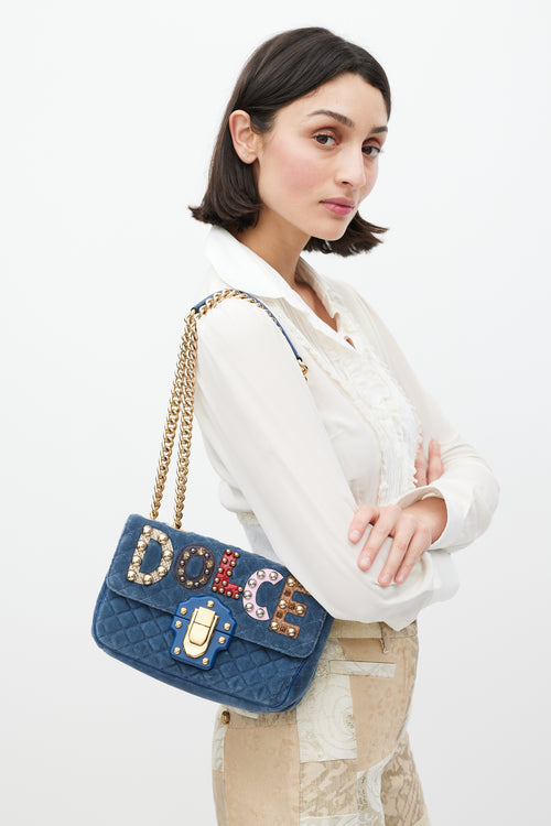 Dolce 
Gabbana Blue 
Multicolour Velvet Lucia Logo Bag