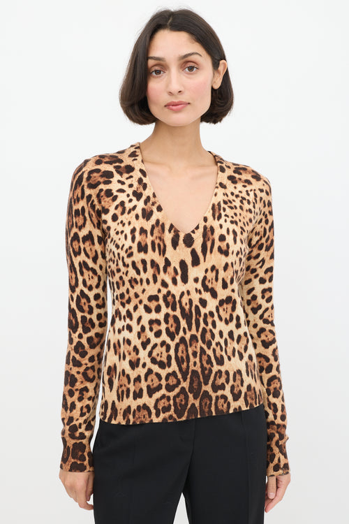 Dolce 
Gabbana Brown Cashmere Printed V-Neck Sweater