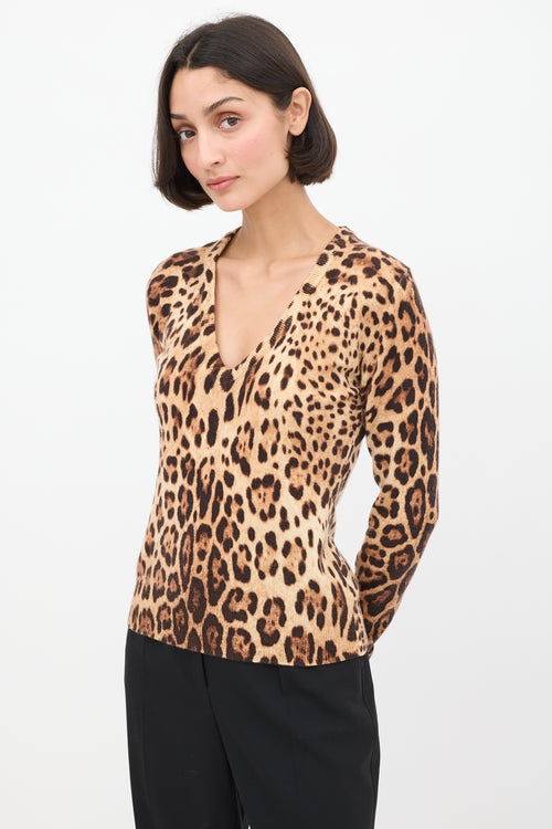 Dolce 
Gabbana Brown Cashmere Printed V-Neck Sweater