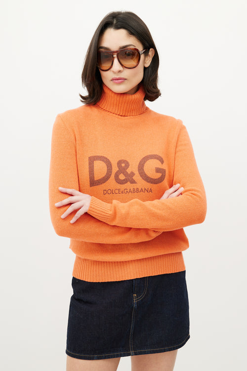 Dolce 
Gabbana D&G Orange Knit Logo Turtleneck Sweater