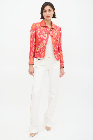 Dolce 
Gabbana D&G Fuchsia 
Orange Floral Brocade JacketDolce 
Gabbana White 
Gold Trim Slim Leg Jeans