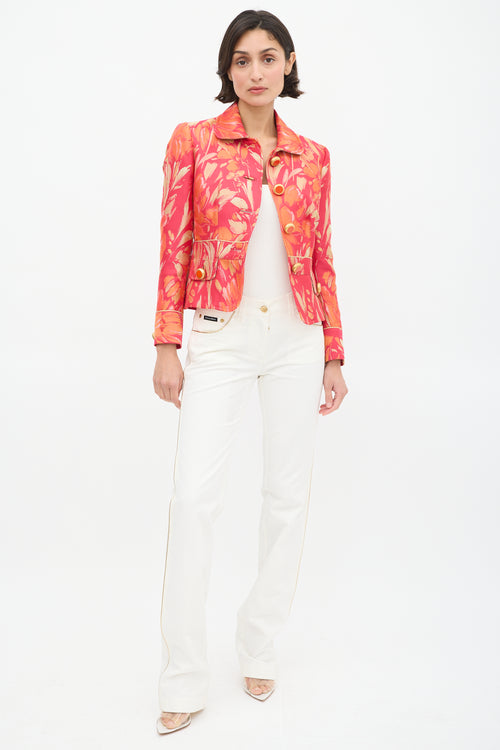 Dolce 
Gabbana D&G Fuchsia 
Orange Floral Brocade JacketDolce 
Gabbana White 
Gold Trim Slim Leg Jeans