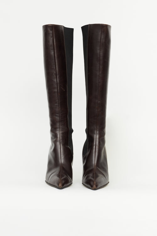 Dolce 
Gabbana Dark Brown Leather Elasticized Knee High Boot