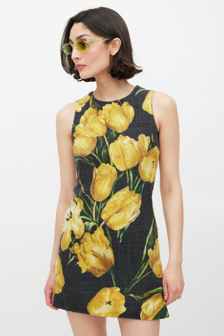 Dolce 
Gabbana Dark Grey 
Yellow Wool Floral Dress