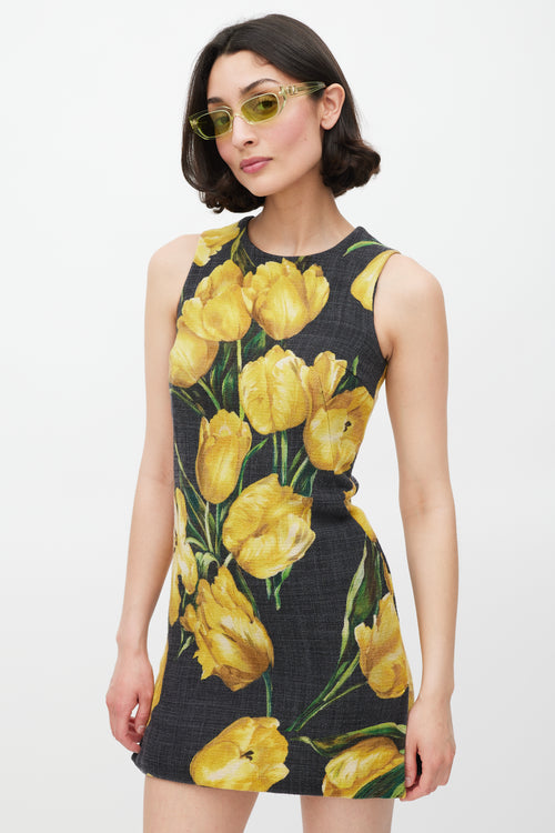 Dolce 
Gabbana Dark Grey 
Yellow Wool Floral Dress