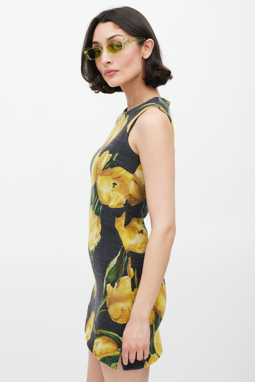 Dolce 
Gabbana Dark Grey 
Yellow Wool Floral Dress