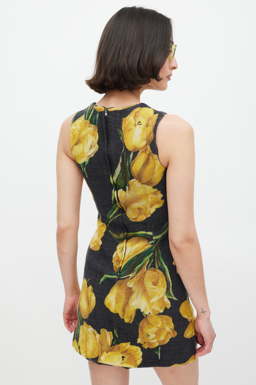 Dolce 
Gabbana Dark Grey 
Yellow Wool Floral Dress