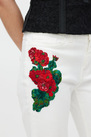 Dolce 
Gabbana Denim White 
Multicolour Floral Applique Girly Jeans