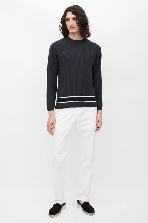 Dolce 
Gabbana Grey 
White Wool Striped Knit Logo Sweater