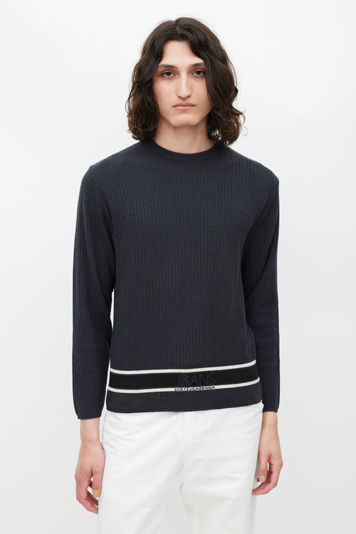 Dolce 
Gabbana Grey 
White Wool Striped Knit Logo Sweater