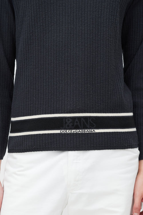 Dolce 
Gabbana Grey 
White Wool Striped Knit Logo Sweater