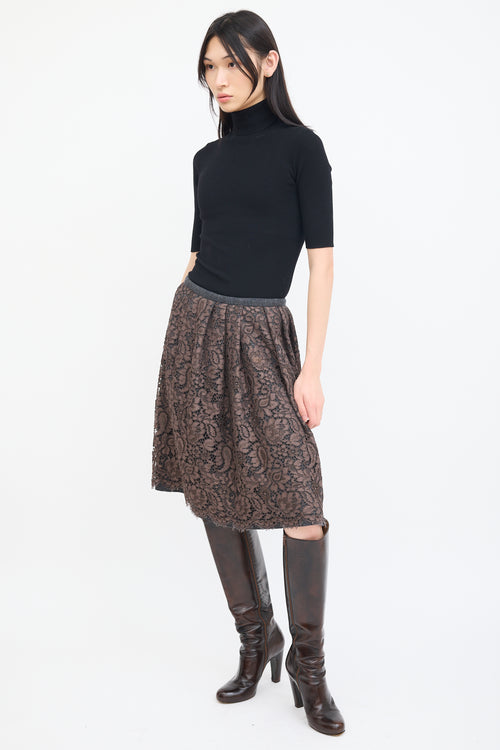 Dolce 
Gabbana Grey Wool 
Brown Lace Overlay Skirt