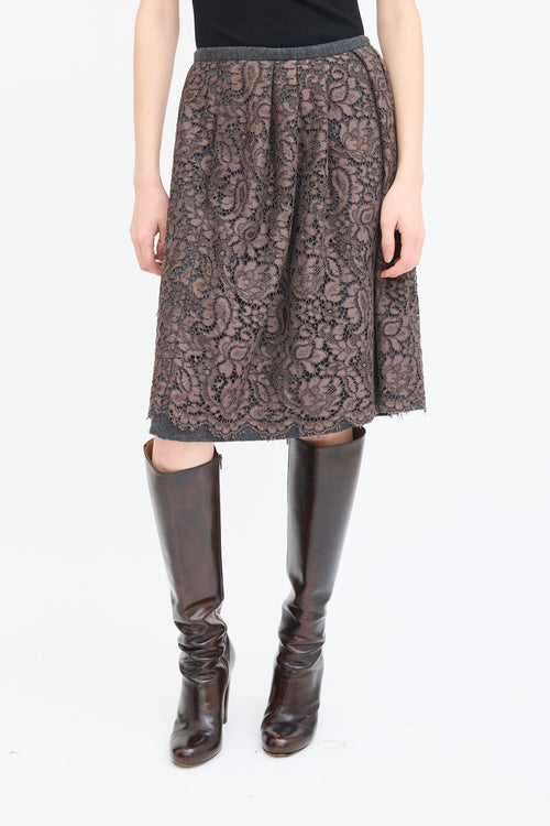 Dolce 
Gabbana Grey Wool 
Brown Lace Overlay Skirt