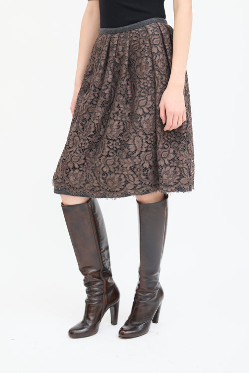 Dolce 
Gabbana Grey Wool 
Brown Lace Overlay Skirt