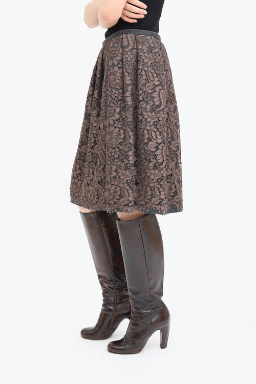 Dolce 
Gabbana Grey Wool 
Brown Lace Overlay Skirt