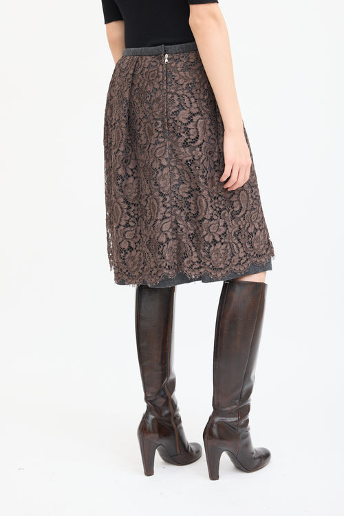 Dolce 
Gabbana Grey Wool 
Brown Lace Overlay Skirt