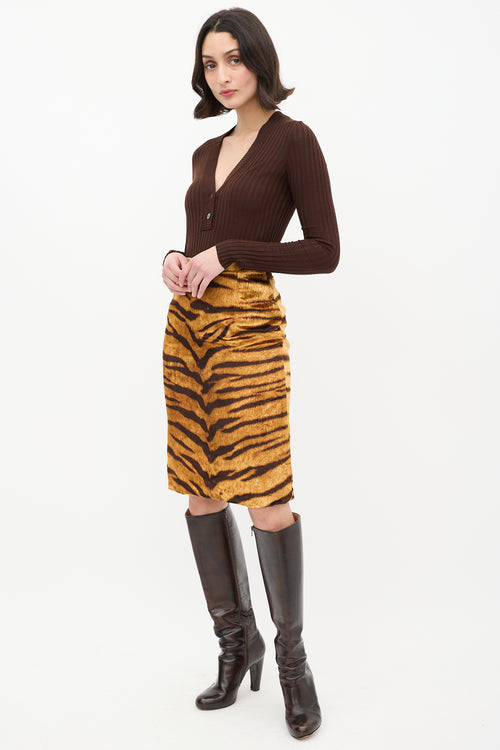 Dolce 
Gabbana Orange 
Brown Silk Velvet Striped Skirt