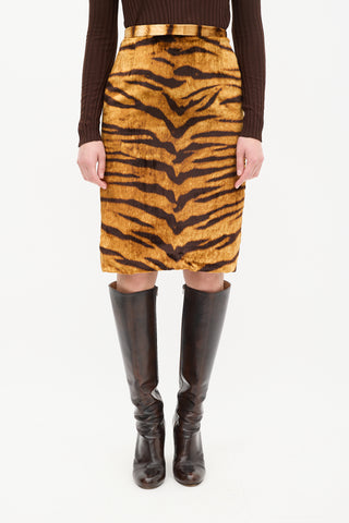 Dolce 
Gabbana Orange 
Brown Silk Velvet Striped Skirt