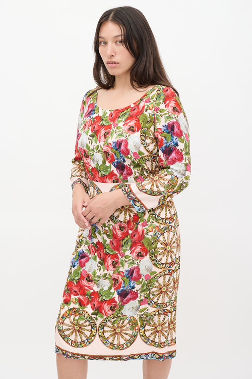 Dolce 
Gabbana Pink 
Multicolour Floral Three Quarter Sleeve Dress