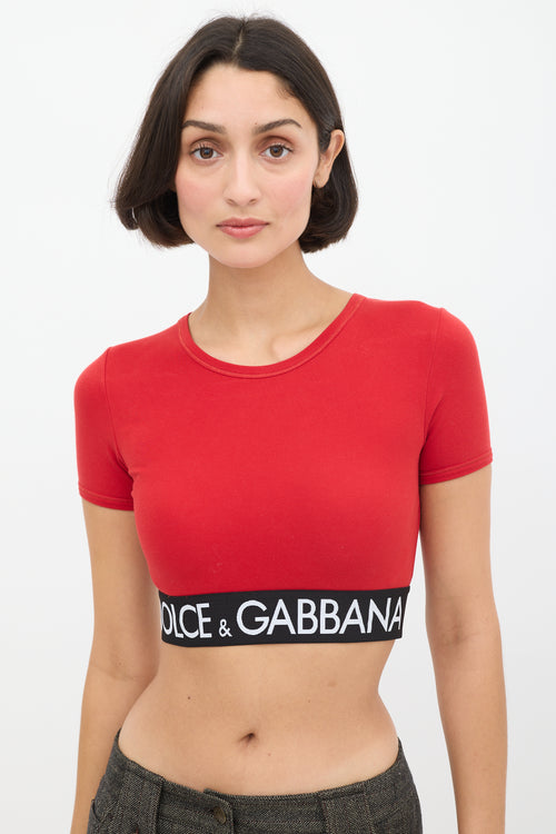 Dolce 
Gabbana Red 
Black Logo Elastic Cropped T-Shirt