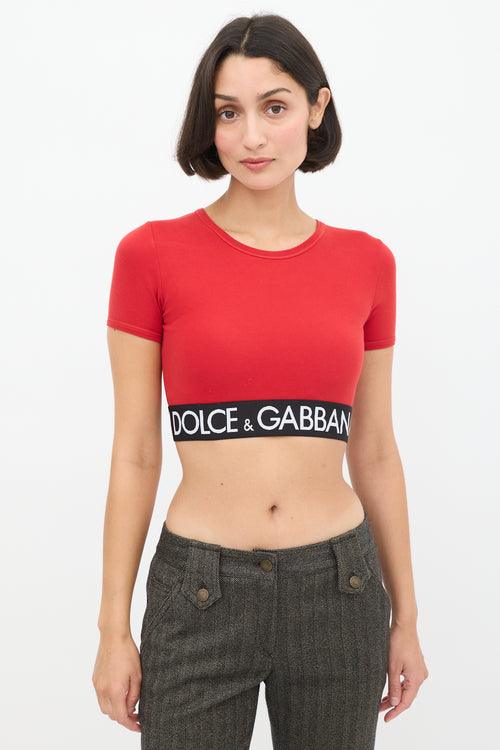 Dolce 
Gabbana Red 
Black Logo Elastic Cropped T-Shirt