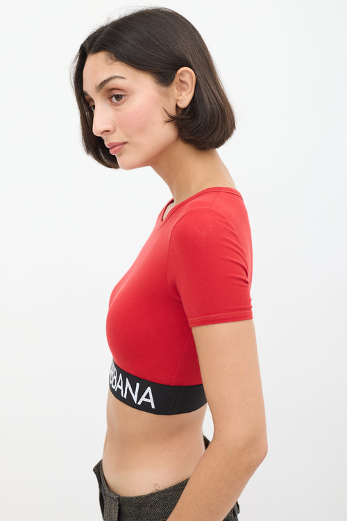 Dolce 
Gabbana Red 
Black Logo Elastic Cropped T-Shirt