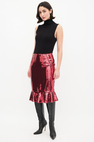 Dolce 
Gabbana Red Sequin Midi Flounce Skirt